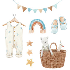 Beautiful stock baby illustration with very cute hand drawn watercolor boys wardrobe rompers and basket of toys.