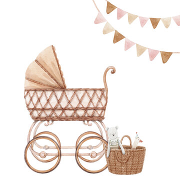 Beautiful stock illustration with very cute hand drawn watercolor girls baby carriage and basket of toys.