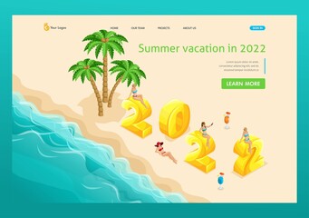 3D isometry, an island in the sea with palm trees, beautiful girls decorate the numbers of 2022. High quality illustration for advertising. Landing Page Concept