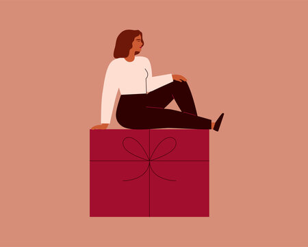 Woman sits on the big red gift. Festive concept for Christmas or Women's day with Caucasian female and celebration box with ribbon. vector illustration
