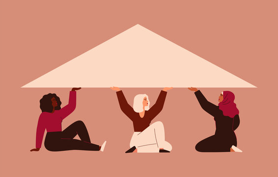 Strong Women support each other and build business or startup. Three females of different ethnicity hold the big triangle. Teamwork and partnership concept. Vector illustration