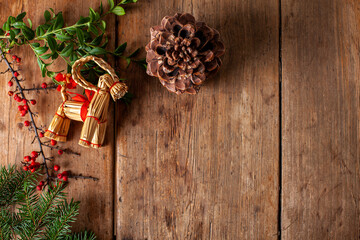 Christmas decorations on wooden background