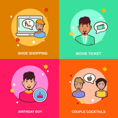 Shoe shopping, movie ticket, couple cocktails, birthday boy flat vector collection design