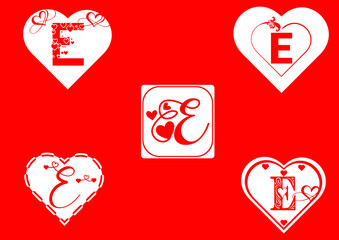 E letter logo with love icon, valentines day design template bundle