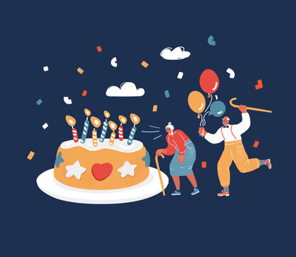 Vector Illustration Of Older Gentlemen Partying For His Birthday Over Dark Backround