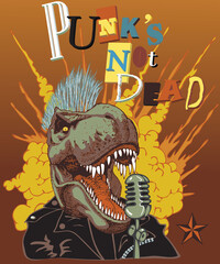 vector image of a poster punk did not die with a dinosaur in the image of a punk singing into a microphone, in a cartoon style