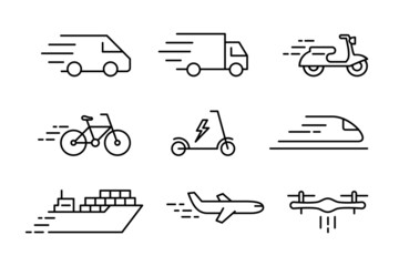Delivery vehicles line icon set. Mode of transport. Distribution, logistics, shipping concept. Van, truck, moped, bicycle, scooter, train, ship, airplane, drone. Vector illustration, flat, clip art. 