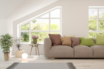 White living room with sofa and summer landscape in window. Scandinavian interior design. 3D illustration