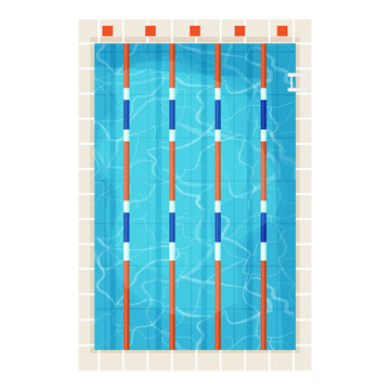 Olympic swimming pool top view with clean with blue water in cartoon style isolated on white background. vector illustration