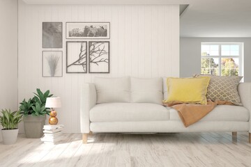 Stylish room in white color with sofa. Scandinavian interior design. 3D illustration