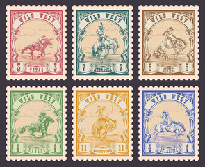 vector image of a cowboy on a horse in the form of a postage stamp printing on paper and t-shirt	