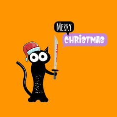 Merry Christmas greeting card or banner with Black cat with Santa hat holding bloody knife isolated on orange background. Funny Christmas black cat and knife. Christmas concept illustration