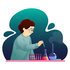 Cute boy doing experiments in the laboratory. Chemistry lesson. Entertaining science for children. Vector colorful illustration with gradients isolated on white background. Flasks with reagents.