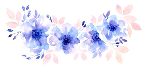Fototapeta na wymiar Watercolor floral arrangement. Garland of blue transparent flower and pink leaves. Hand painted isolated design. Botanical illustration for wedding design, greeting cards