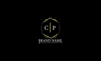 CP is a very luxury logo with a stylish design and golden color with black background.
