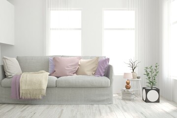 Soft color living room with sofa. Scandinavian interior design. 3D illustration
