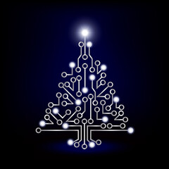 Christmas tree circuit board style on dark blue background. EPS10 vector format. 