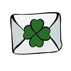 Envelope with clover. Happy St. Patricks Day hand-drawn decorations. Vector illustration in doodle style.
