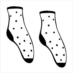 Vector hand drawn cute socks. Woman socks sketch with dots in doodle style. Socks icon for web,print,stickers,logo, postcard, poster.Footwear.Isolated elements on white background.