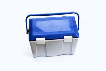 Handheld white blue refrigerator on white