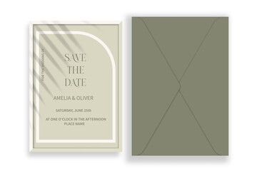 Save the date. Wedding greetings. A set of envelope and frame with a tropical leaf shadow and an inscription.