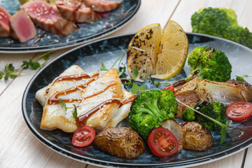 grilled squid with grilled vegetables and broccoli