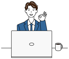 パソコンの前に座りOKポーズをしているスーツ姿の可愛い男性 イラスト ベクター