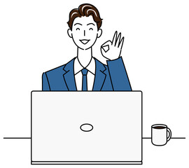 パソコンの前に座りOKポーズをしているスーツ姿の可愛い男性 イラスト ベクター
