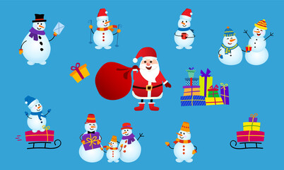 Set of snowman wear a winter theme and santa claus with a bag of gifts. Vector illustration on blue background.