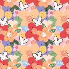 Seamless Pattern of Flower and Rabbit Illustration Design