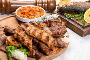 kebab and lula kebab with onion and sauce