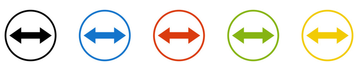 Bunter Banner mit 5 farbigen Icons: Pfeile nach rechts und links, Pfeil in beide Richtungen, Austausch, Wegweiser oder Wechselwirkung - obrazy, fototapety, plakaty