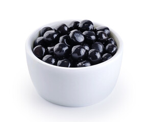 Black tapioca pearls for bubble tea isolated on white background. With clipping path.