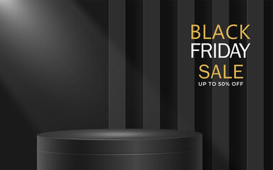 3d Round or square podium stage for Black Friday sale poster with black paper cut and craft style on color background for banner, poster or web site