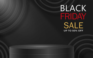 3d Round or square podium stage for Black Friday sale poster with black paper cut and craft style on color background for banner, poster or web site