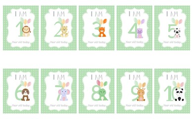 Fototapeta na wymiar I'm one year old today - Baby Milestone card. Cute design with green background and lion cub