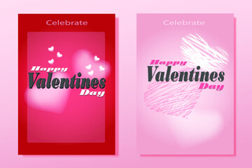 Two greeting cards celebrating February 14, Happy Valentine's Day. Red and pink card on a pink background with linear and like a cloud heart. Wallpaper, flyers, invitations, posters, brochure, banners
