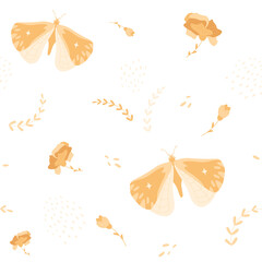 Mystical butterflies seamless pattern. Hand drawn insects, rose flower, branches and textures. Nature background. Beautiful minimal graphic illustration, yellow blossom, fairy garden.