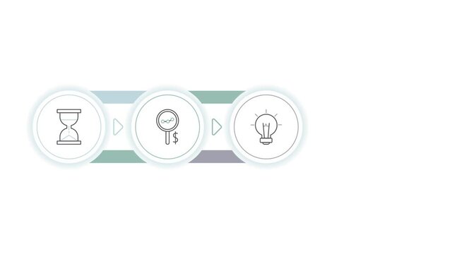 Business video infographics with four circles and icons. Animation timeline with 4 steps for diagram, flowchart, banner, presentations, web, content, levels, chart, graphic