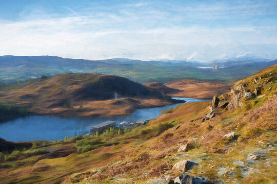 Digital Painting Of Tanygrisiau Reservoir Panorama At Blaenau Ffestiniog