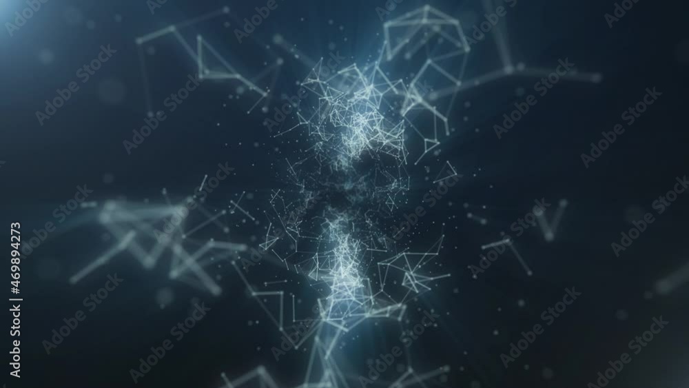 Poster abstract connected dots and lines animation on blue background animation with bokeh. business, scien