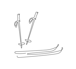 Ski and ski stocks. one line, outline, simple line. line art