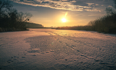 Winter sunrise on river