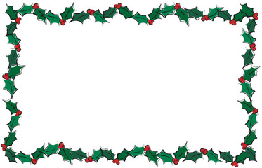 A frame of holly leaves over a white background. Border with space for text suitable for gift cards and Christmas themed projects. EPS10 vector format. 