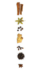 Ingredients for Indian masala tea on white background. High quality photo