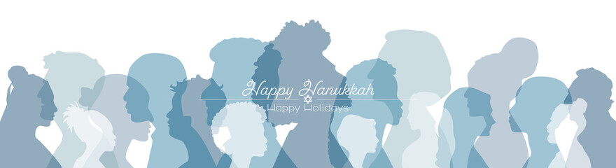 Happy Hanukkah banner. People stand by side together.	