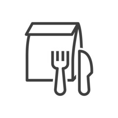 Comida para llevar. Bolsa con cubiertos. Logotipo bolsa de papel con cuchillo y tenedor con líneas en color gris © teracreonte