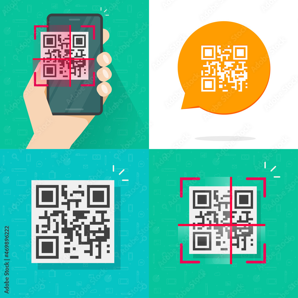 Poster qr code can on mobile cell phone and barcode icon identification on person cellphone man hand flat c