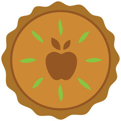 Simple cartoon SVG graphic illustration of green apple fruit filled pie tart flan with fluted pastry base vented crust and baked brown apple symbol marking . Interlocking layers suitable as cut file