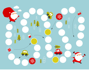 Print. Vector board Christmas game for children. Advent calendar. New Year's game. Labyrinths. Santa Claus. Christmas Poster, postcard. Happy New Year and Christmas.
